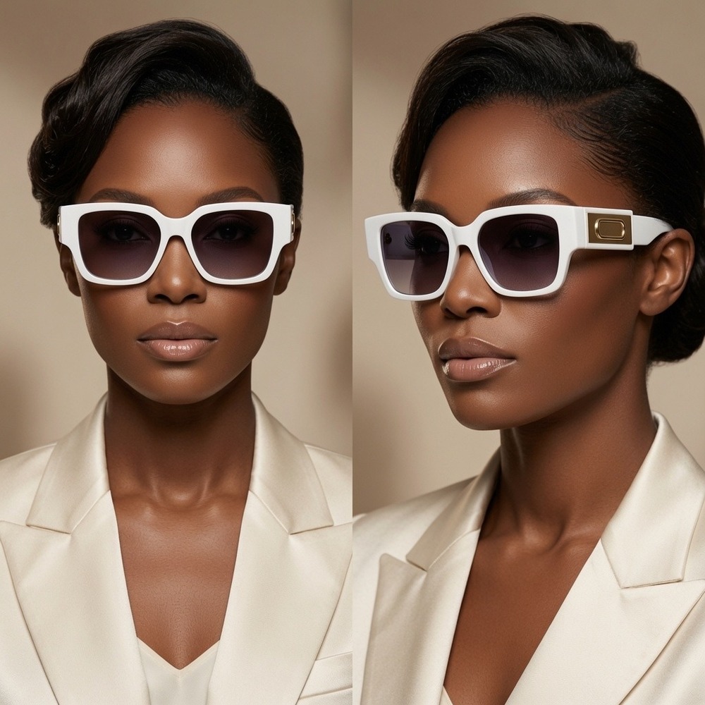 Women White Square Sunglasses Thick Acetate Frame Gradient Lenses Gold Temple‎